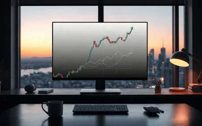 AI trading analysis on a monitor with candlestick charts in a modern office