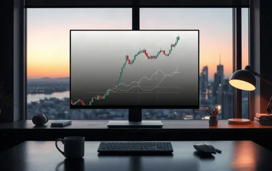 AI trading analysis on a monitor with candlestick charts in a modern office