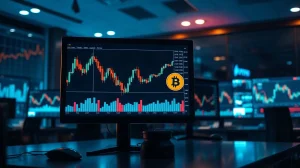 Cryptocurrency trading desk with monitors showing AlphaPepe token charts and market data