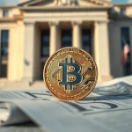 Bitcoin coin on financial newspaper with central bank building in background