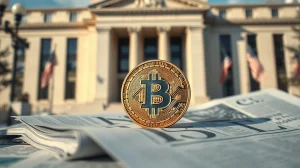 Bitcoin coin on financial newspaper with central bank building in background