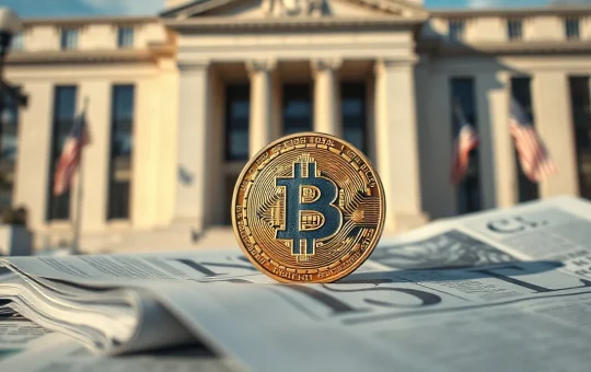 Bitcoin coin on financial newspaper with central bank building in background