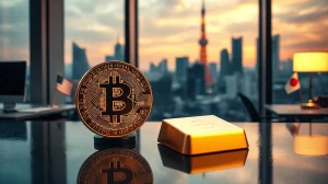 Bitcoin coin and gold bar on desk with Tokyo skyline in background, symbolizing global liquidity and yen rescue impact