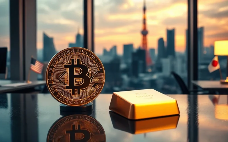 Bitcoin coin and gold bar on desk with Tokyo skyline in background, symbolizing global liquidity and yen rescue impact