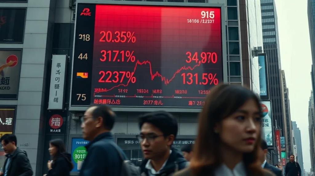 Electronic stock board showing red declining graphs for Asian indices during a market crash.