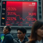 Electronic stock board showing red declining graphs for Asian indices during a market crash.