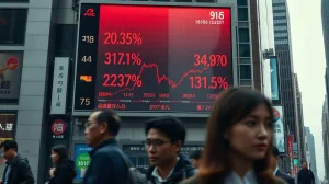 Electronic stock board showing red declining graphs for Asian indices during a market crash.