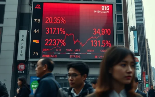 Electronic stock board showing red declining graphs for Asian indices during a market crash.