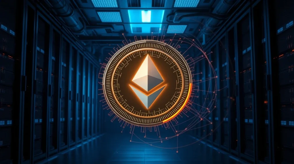 Digital representation of Ethereum funds being moved through a crypto mixer, with a blockchain network backdrop.