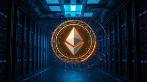 Digital representation of Ethereum funds being moved through a crypto mixer, with a blockchain network backdrop.