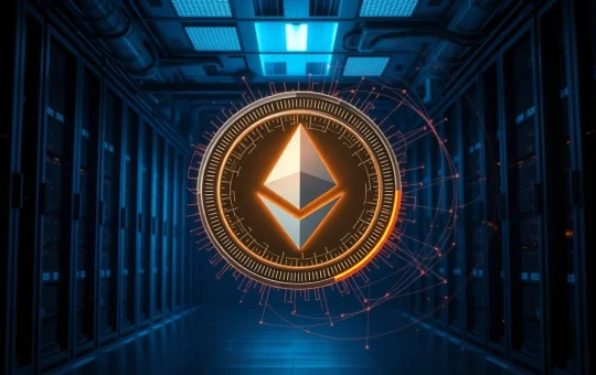 Digital representation of Ethereum funds being moved through a crypto mixer, with a blockchain network backdrop.