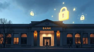 Bank building with digital quantum-safe blockchain network overlay, representing the NEAR testnet pilot.