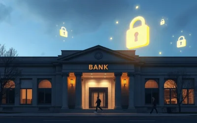 Bank building with digital quantum-safe blockchain network overlay, representing the NEAR testnet pilot.