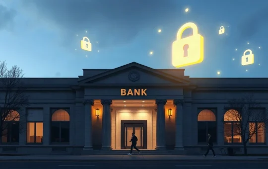 Bank building with digital quantum-safe blockchain network overlay, representing the NEAR testnet pilot.