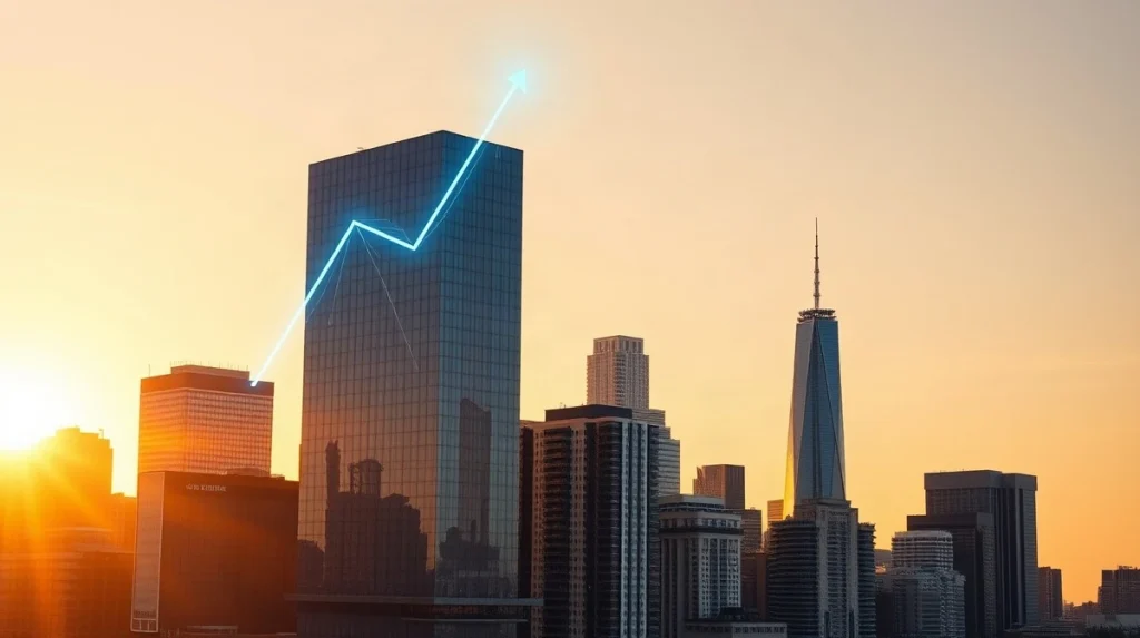 Financial district skyline with digital blockchain network overlay symbolizing Circle's USDC growth and market analysis
