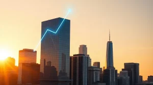 Financial district skyline with digital blockchain network overlay symbolizing Circle's USDC growth and market analysis