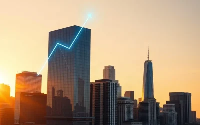 Financial district skyline with digital blockchain network overlay symbolizing Circle's USDC growth and market analysis