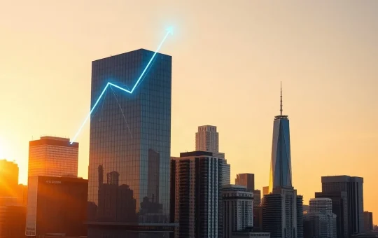 Financial district skyline with digital blockchain network overlay symbolizing Circle's USDC growth and market analysis