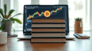 A stack of cryptocurrency and blockchain books on a desk with a laptop in the background