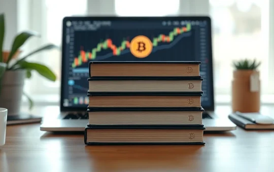 A stack of cryptocurrency and blockchain books on a desk with a laptop in the background