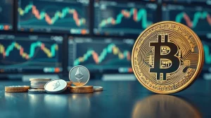 Bitcoin coin and altcoins on a trading desk with charts in background, representing market analysis
