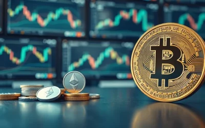 Bitcoin coin and altcoins on a trading desk with charts in background, representing market analysis