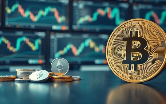 Bitcoin coin and altcoins on a trading desk with charts in background, representing market analysis