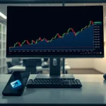 Professional trading desk with forex charts and smartphone displaying trading signals