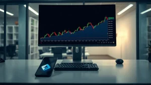 Professional trading desk with forex charts and smartphone displaying trading signals