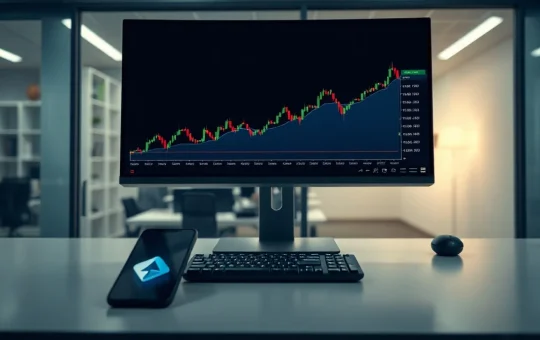 Professional trading desk with forex charts and smartphone displaying trading signals