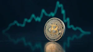 Bitcoin coin with a subtle upward price chart in the background, symbolizing the $100K price target outlook.