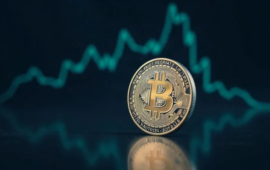 Bitcoin coin with a subtle upward price chart in the background, symbolizing the $100K price target outlook.