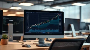 Bitcoin price chart showing upward trend on a monitor in a trading office