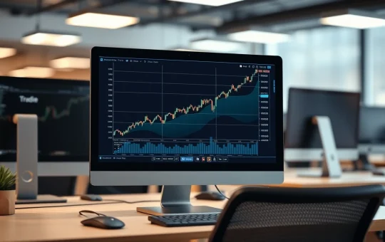 Bitcoin price chart showing upward trend on a monitor in a trading office