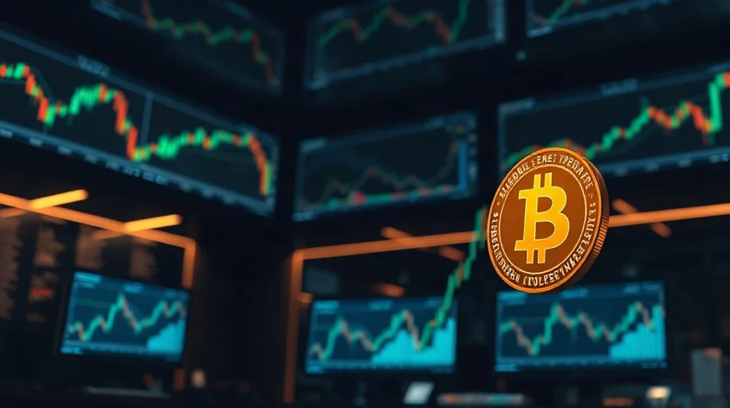 Bitcoin coin in foreground with trading charts on monitors in background, symbolizing market surge.