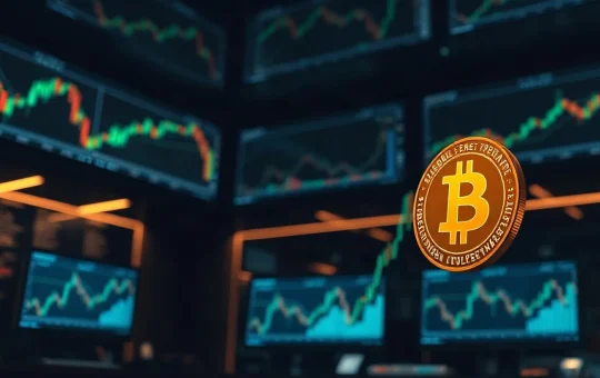 Bitcoin coin in foreground with trading charts on monitors in background, symbolizing market surge.