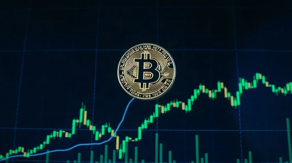 Bitcoin price chart showing a breakout above $77,000 with green candlesticks and bullish momentum