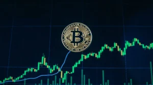 Bitcoin price chart showing a breakout above $77,000 with green candlesticks and bullish momentum