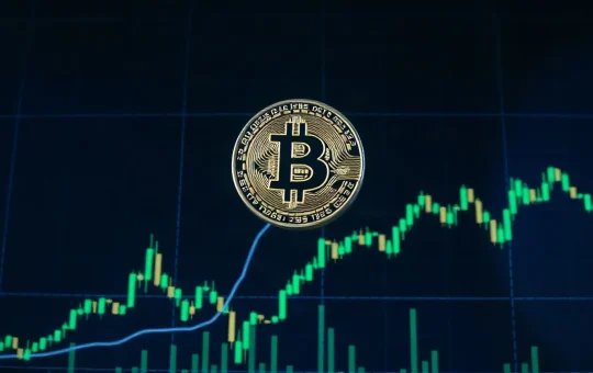 Bitcoin price chart showing a breakout above $77,000 with green candlesticks and bullish momentum