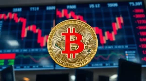 Bitcoin coin in front of a red trading chart screen, symbolizing the price drop below $77,000