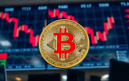 Bitcoin coin in front of a red trading chart screen, symbolizing the price drop below $77,000
