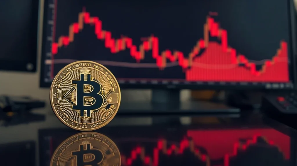 Bitcoin coin in foreground with a red declining price chart in the background, representing market downturn.