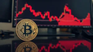 Bitcoin coin in foreground with a red declining price chart in the background, representing market downturn.