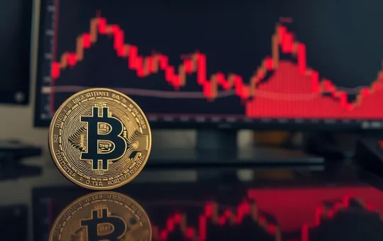 Bitcoin coin in foreground with a red declining price chart in the background, representing market downturn.