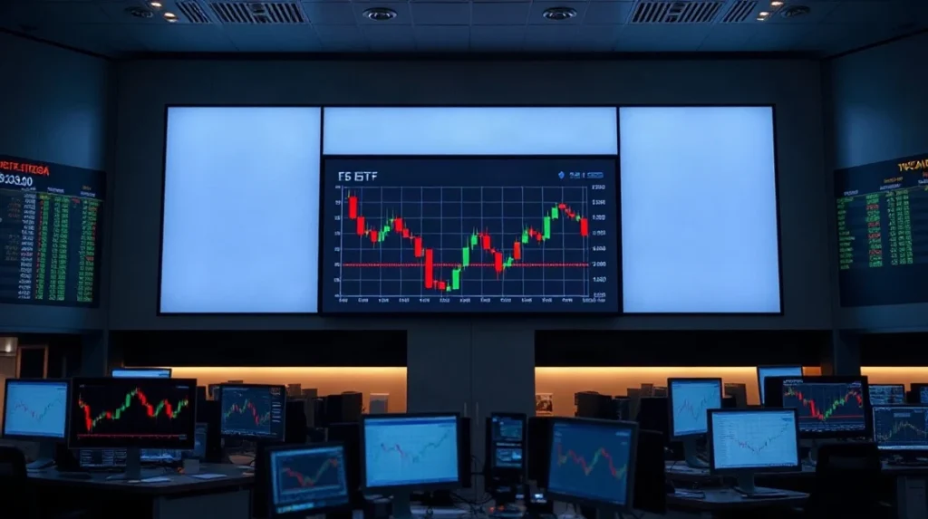 Institutional trading floor display showing red Bitcoin ETF outflow chart and green Ethereum ETF inflow chart