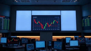 Institutional trading floor display showing red Bitcoin ETF outflow chart and green Ethereum ETF inflow chart
