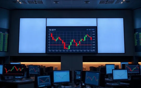 Institutional trading floor display showing red Bitcoin ETF outflow chart and green Ethereum ETF inflow chart