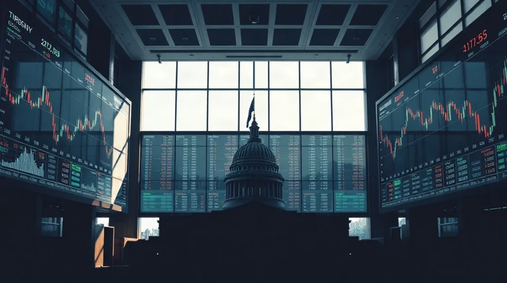 Trading screens showing cryptocurrency charts with a government building silhouette, illustrating market reaction to Iran sanctions.