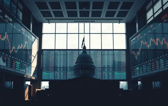 Trading screens showing cryptocurrency charts with a government building silhouette, illustrating market reaction to Iran sanctions.