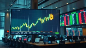 Bitcoin price chart on a trading floor display with bullish momentum ahead of CPI and PPI data